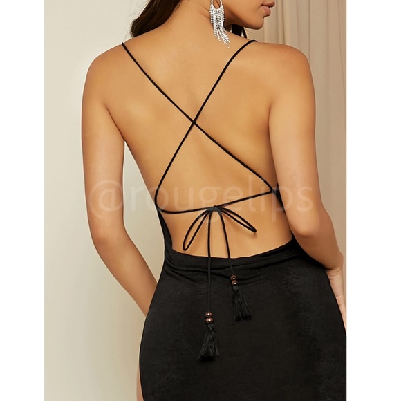 Black Maxi Long Dress Backless Lace Up Ties High Leg Slit Cami - Picture 3 of 7